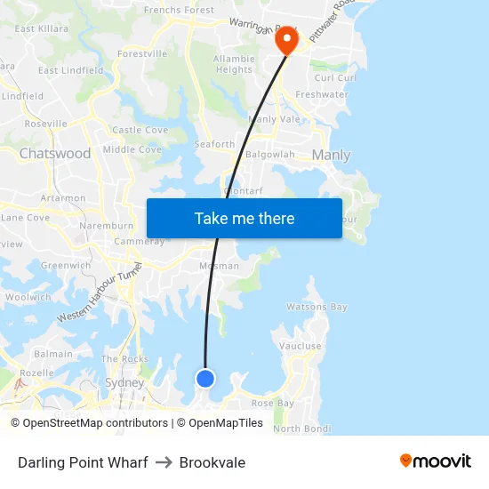 Darling Point Wharf to Brookvale map
