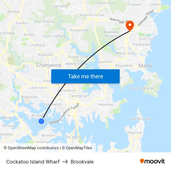 Cockatoo Island Wharf to Brookvale map