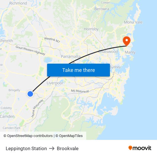 Leppington Station to Brookvale map