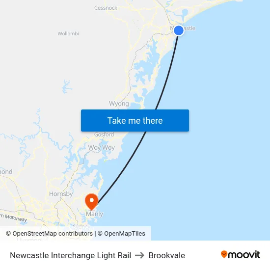 Newcastle Interchange Light Rail to Brookvale map