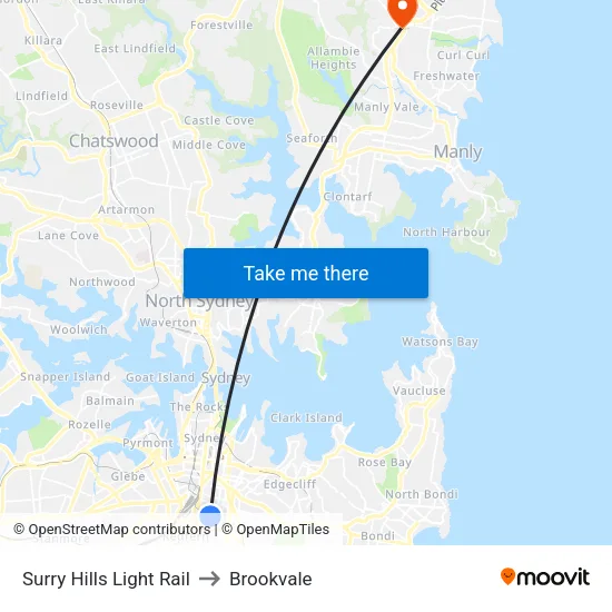 Surry Hills Light Rail to Brookvale map