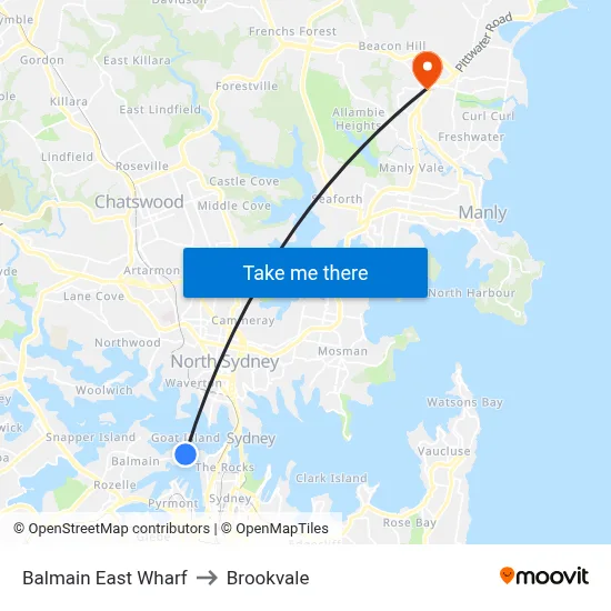 Balmain East Wharf to Brookvale map