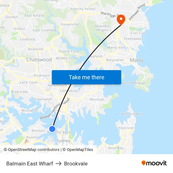 Balmain East Wharf to Brookvale map