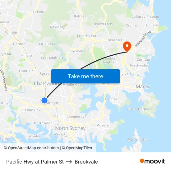 Pacific Hwy at Palmer St to Brookvale map