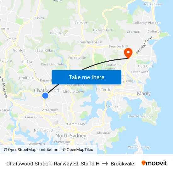 Chatswood Station, Railway St, Stand H to Brookvale map