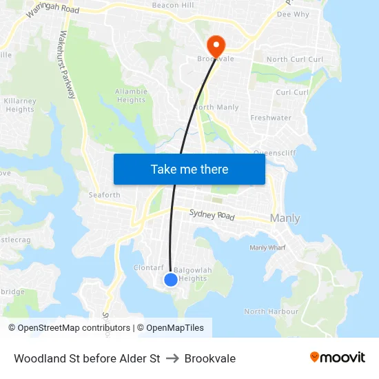 Woodland St before Alder St to Brookvale map