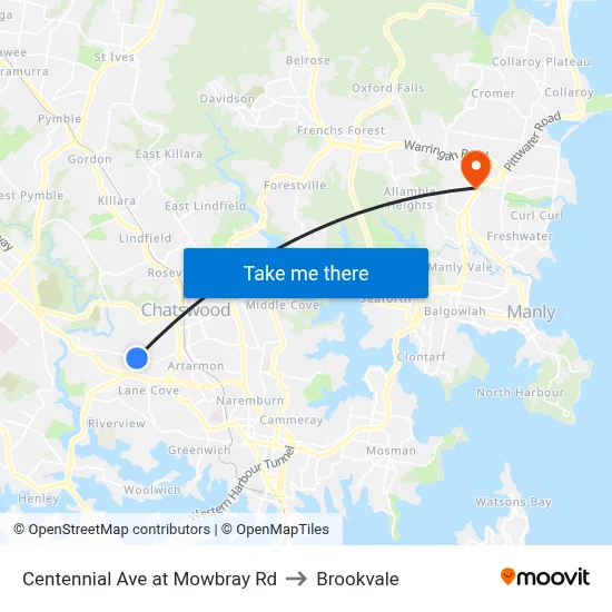 Centennial Ave at Mowbray Rd to Brookvale map