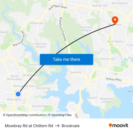 Mowbray Rd at Chiltern Rd to Brookvale map