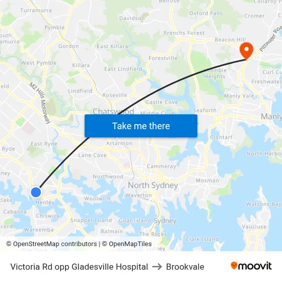 Victoria Rd opp Gladesville Hospital to Brookvale map