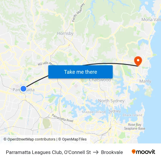 Parramatta Leagues Club, O'Connell St to Brookvale map