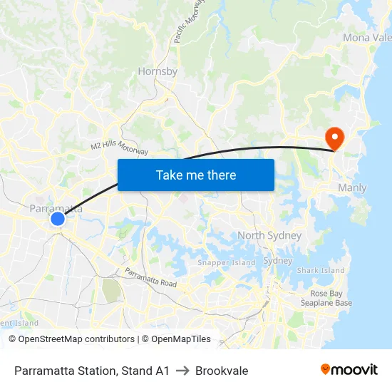 Parramatta Station, Stand A1 to Brookvale map