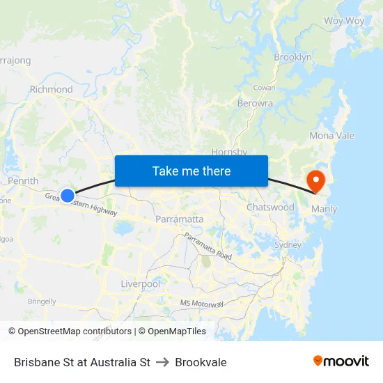 Brisbane St at Australia St to Brookvale map