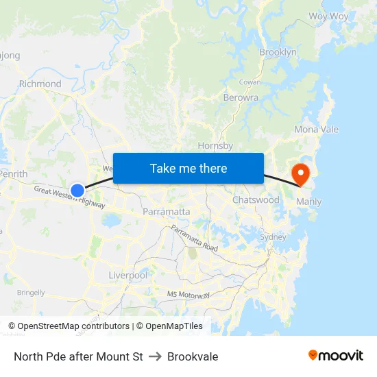 North Pde after Mount St to Brookvale map