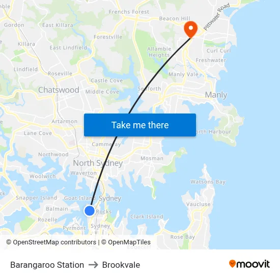 Barangaroo Station to Brookvale map