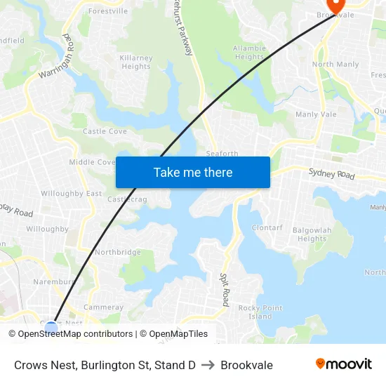 Crows Nest, Burlington St, Stand D to Brookvale map