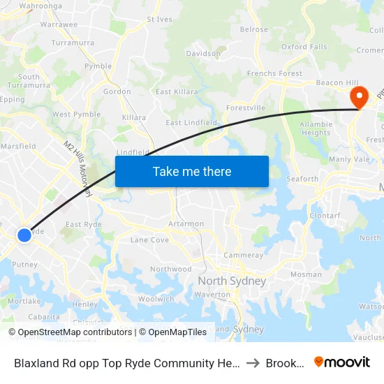 Blaxland Rd opp Top Ryde Community Health Centre to Brookvale map