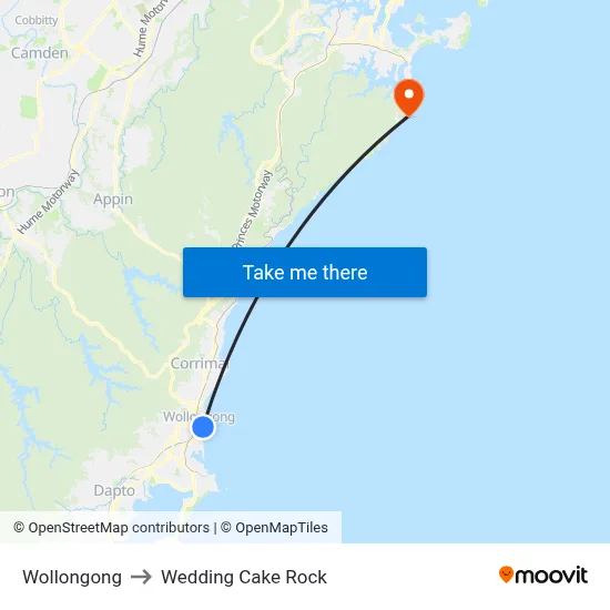 Wollongong to Wedding Cake Rock map