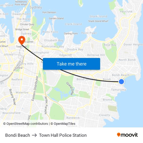 Bondi Beach to Town Hall Police Station map