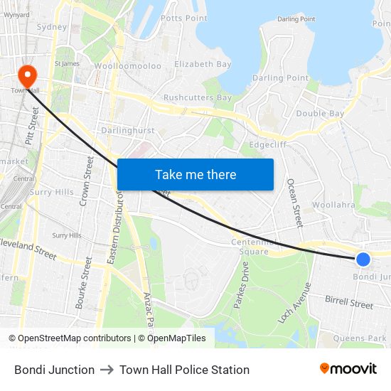 Bondi Junction to Town Hall Police Station map