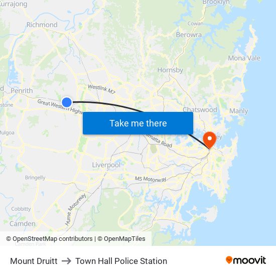 Mount Druitt to Town Hall Police Station map