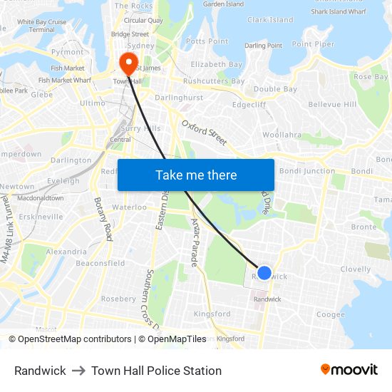 Randwick to Town Hall Police Station map