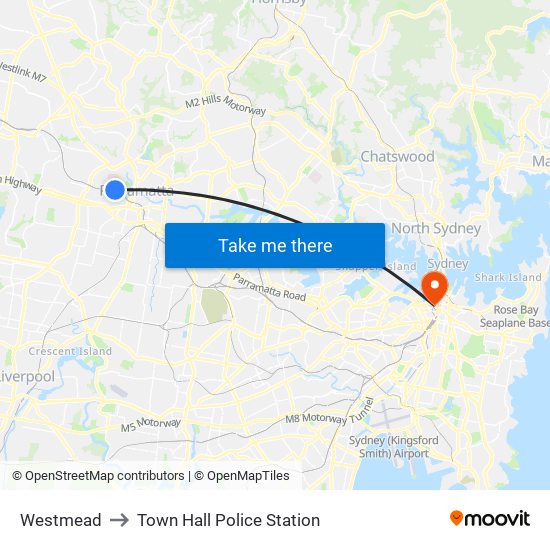 Westmead to Town Hall Police Station map