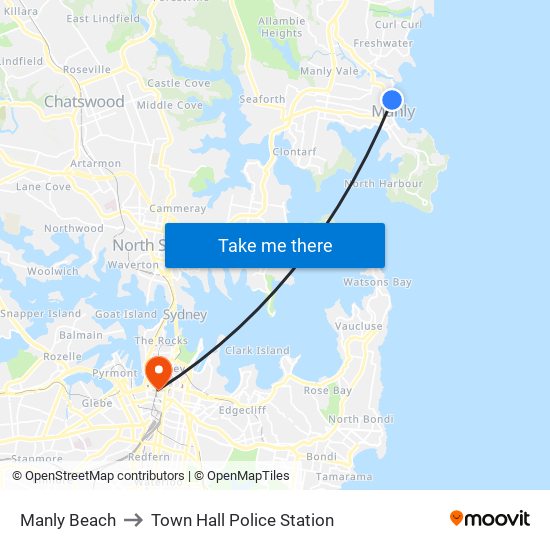Manly Beach to Town Hall Police Station map