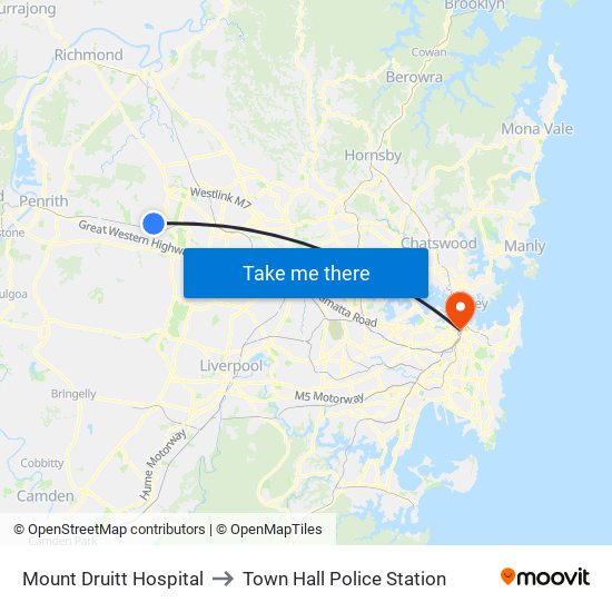 Mount Druitt Hospital to Town Hall Police Station map