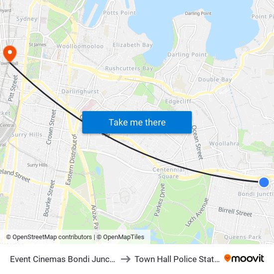 Event Cinemas Bondi Junction to Town Hall Police Station map