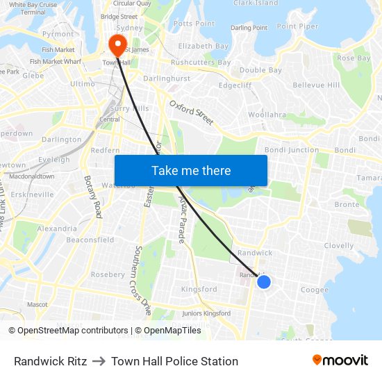 Randwick Ritz to Town Hall Police Station map