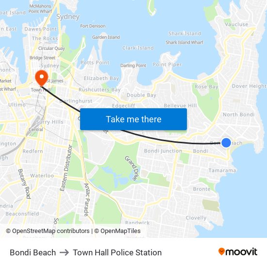 Bondi Beach to Town Hall Police Station map