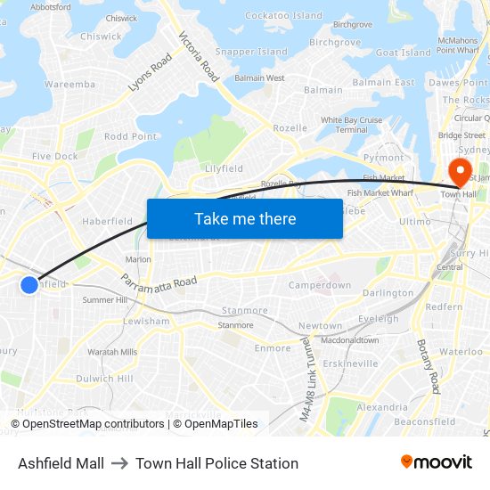 Ashfield Mall to Town Hall Police Station map
