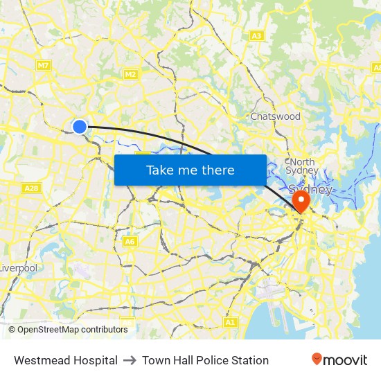Westmead Hospital to Town Hall Police Station map