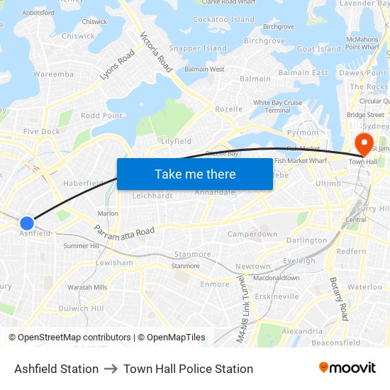 Ashfield Station to Town Hall Police Station map