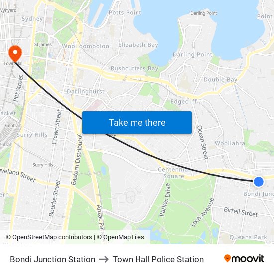 Bondi Junction Station to Town Hall Police Station map