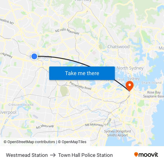 Westmead Station to Town Hall Police Station map
