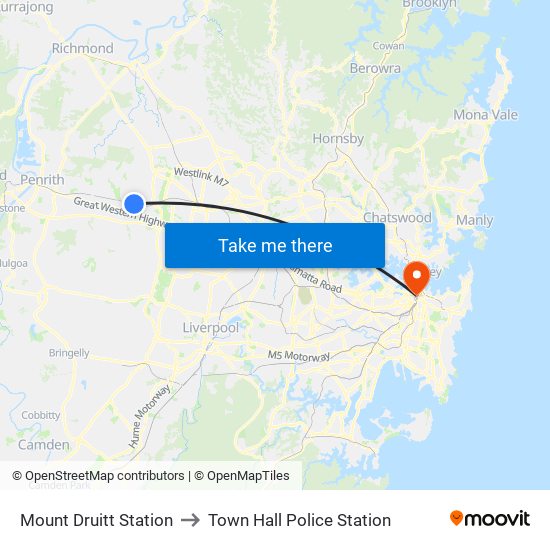 Mount Druitt Station to Town Hall Police Station map