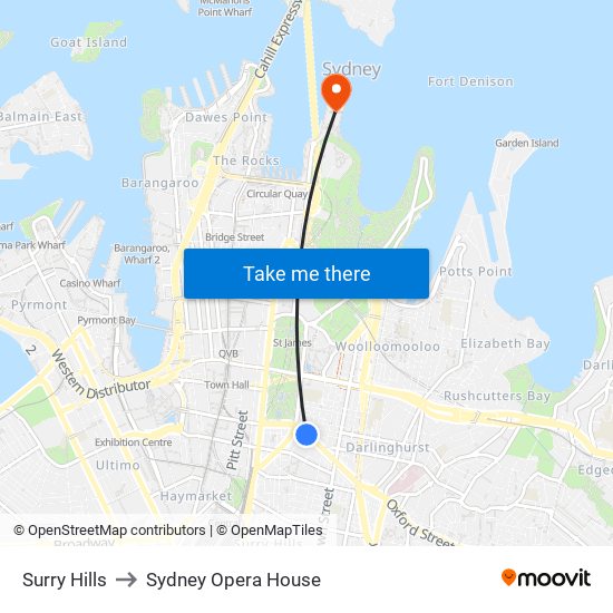 Surry Hills to Sydney Opera House map