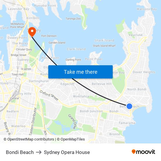 Bondi Beach to Sydney Opera House map