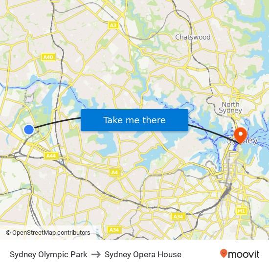 Sydney Olympic Park to Sydney Opera House map