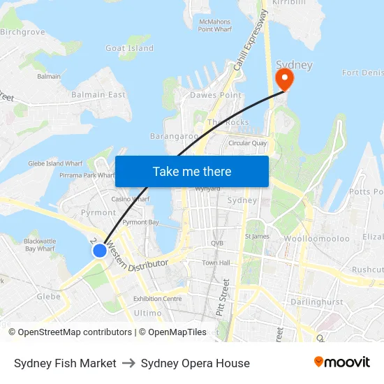Sydney Fish Market to Sydney Opera House map