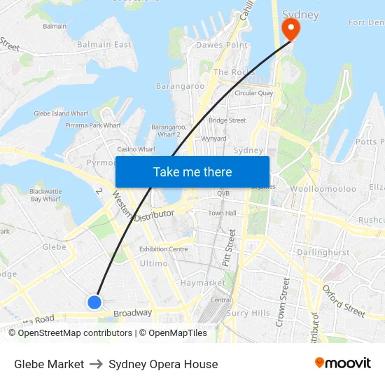 Glebe Market to Sydney Opera House map