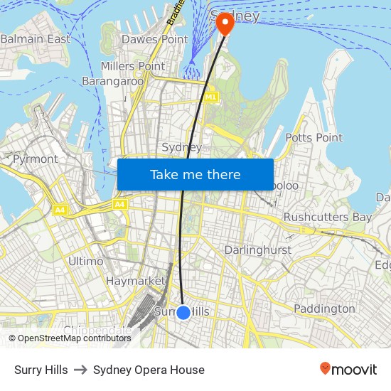 Surry Hills to Sydney Opera House map