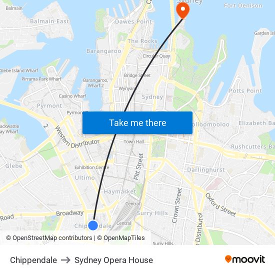 Chippendale to Sydney Opera House map