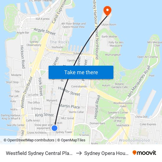 Westfield Sydney Central Plaza to Sydney Opera House map