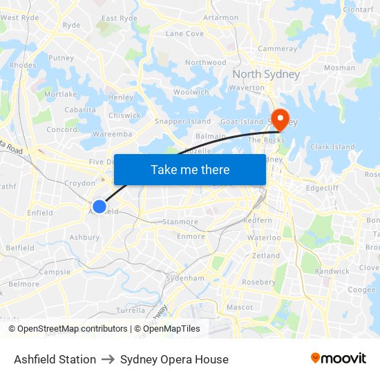 Ashfield Station to Sydney Opera House map