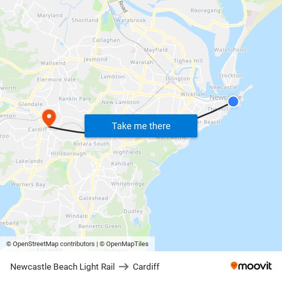 Newcastle Beach Light Rail to Cardiff map