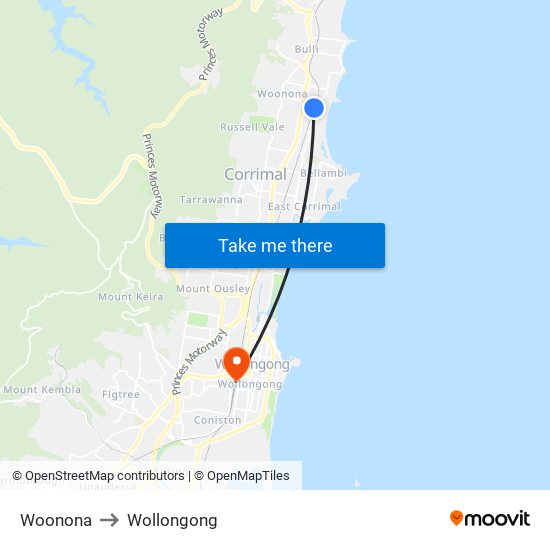 Woonona to Wollongong map