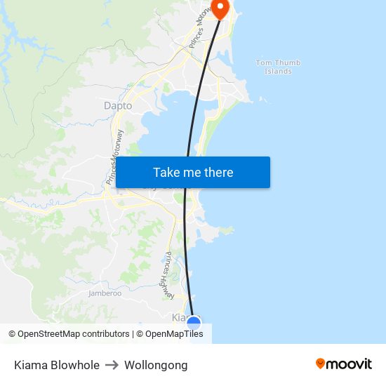 Kiama Blowhole to Wollongong map