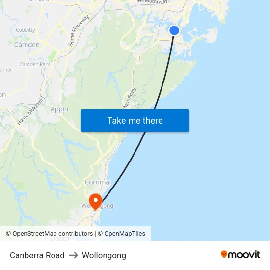 Canberra Road to Wollongong map